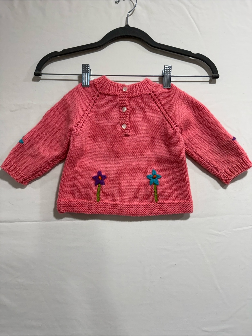 Girls Pink Knit Sweater Embroidered Flowers Cottagecore Handmade Style